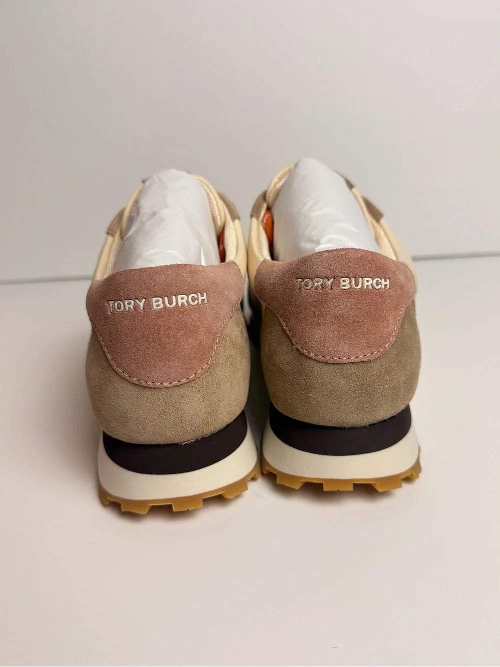 Tory Burch Annie Nylon Runner Sneakers New Cream Noisette Malva Suede US 9